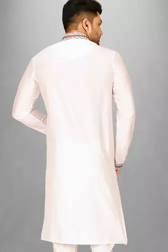 white cotton silk  kurta with  hand work on collor button neck and mohri
