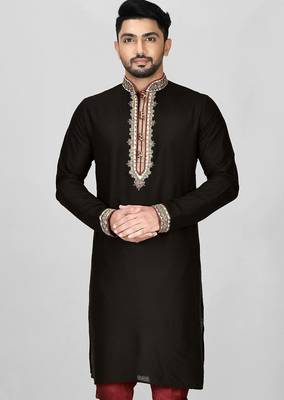 black cotton silk   kurta with  hand work on collor button neck and mohri 1