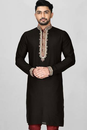 black cotton silk   kurta with  hand work on collor button neck and mohri