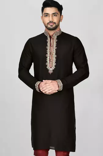black cotton silk   kurta with  hand work on collor button neck and mohri