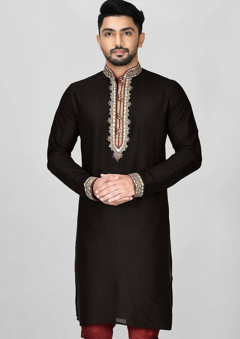 black cotton silk   kurta with  hand work on collor button neck and mohri