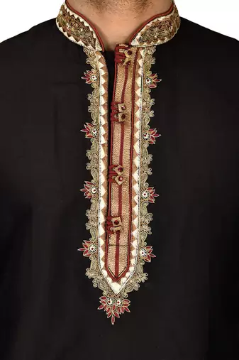 black cotton silk   kurta with  hand work on collor button neck and mohri