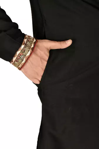black cotton silk   kurta with  hand work on collor button neck and mohri