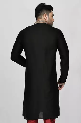 black cotton silk   kurta with  hand work on collor button neck and mohri