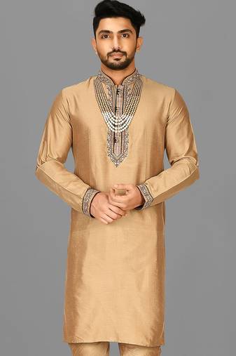 dark beige cotton silk  kurta with hand work on collor button neck and mohri