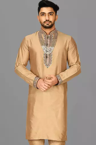dark beige cotton silk  kurta with hand work on collor button neck and mohri
