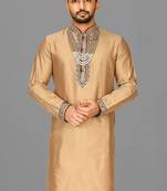 dark beige cotton silk  kurta with hand work on collor button neck and mohri