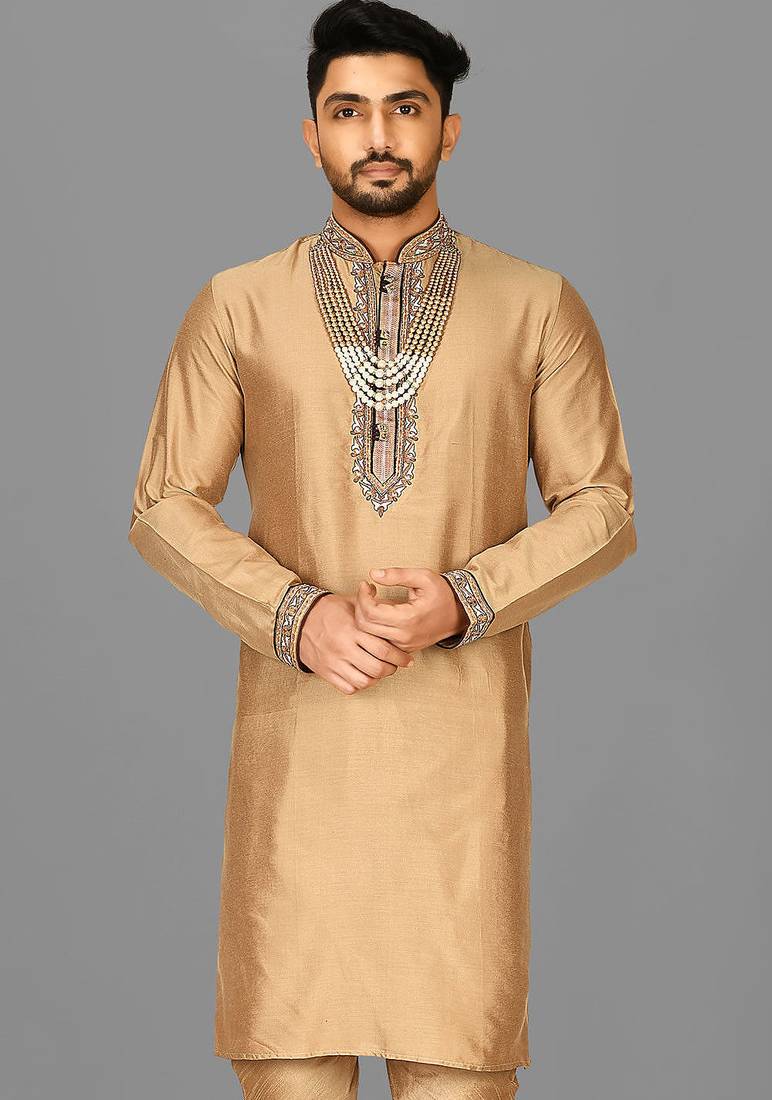 dark beige cotton silk  kurta with hand work on collor button neck and mohri