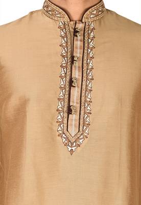 dark beige cotton silk  kurta with hand work on collor button neck and mohri 2