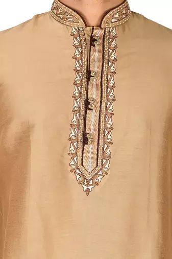 dark beige cotton silk  kurta with hand work on collor button neck and mohri