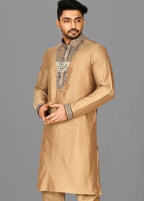 dark beige cotton silk  kurta with hand work on collor button neck and mohri 3