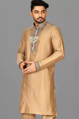 dark beige cotton silk  kurta with hand work on collor button neck and mohri