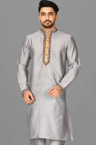grey cotton silk  kurta with  hand work on collor button neck and mohri