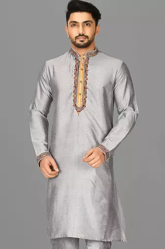 grey cotton silk  kurta with  hand work on collor button neck and mohri