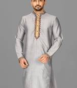 grey cotton silk  kurta with  hand work on collor button neck and mohri