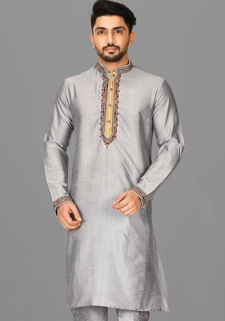 grey cotton silk  kurta with  hand work on collor button neck and mohri
