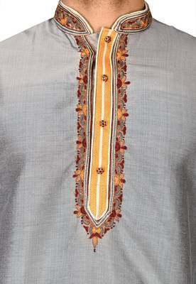 grey cotton silk  kurta with  hand work on collor button neck and mohri 2