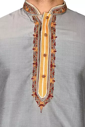 grey cotton silk  kurta with  hand work on collor button neck and mohri