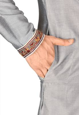 grey cotton silk  kurta with  hand work on collor button neck and mohri 3