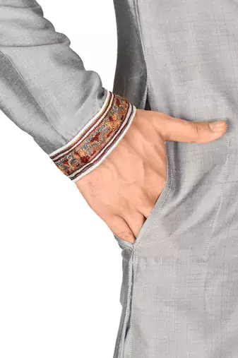 grey cotton silk  kurta with  hand work on collor button neck and mohri
