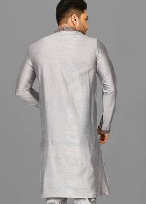 grey cotton silk  kurta with  hand work on collor button neck and mohri 4