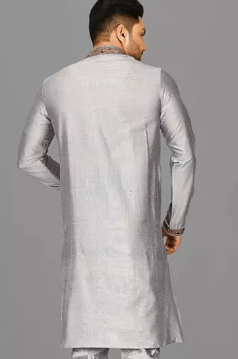 grey cotton silk  kurta with  hand work on collor button neck and mohri
