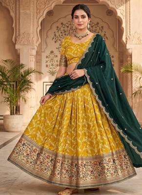 Mustard Lehenga Choli Set with Festive Dark Green Embroidered Dupatta 3