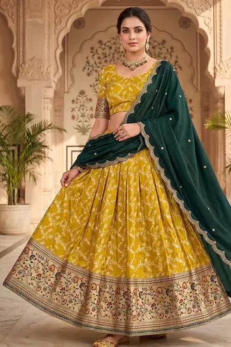 Traditional Mustard Lehenga Choli Set with Festive Dark Green Embroidered Dupatta