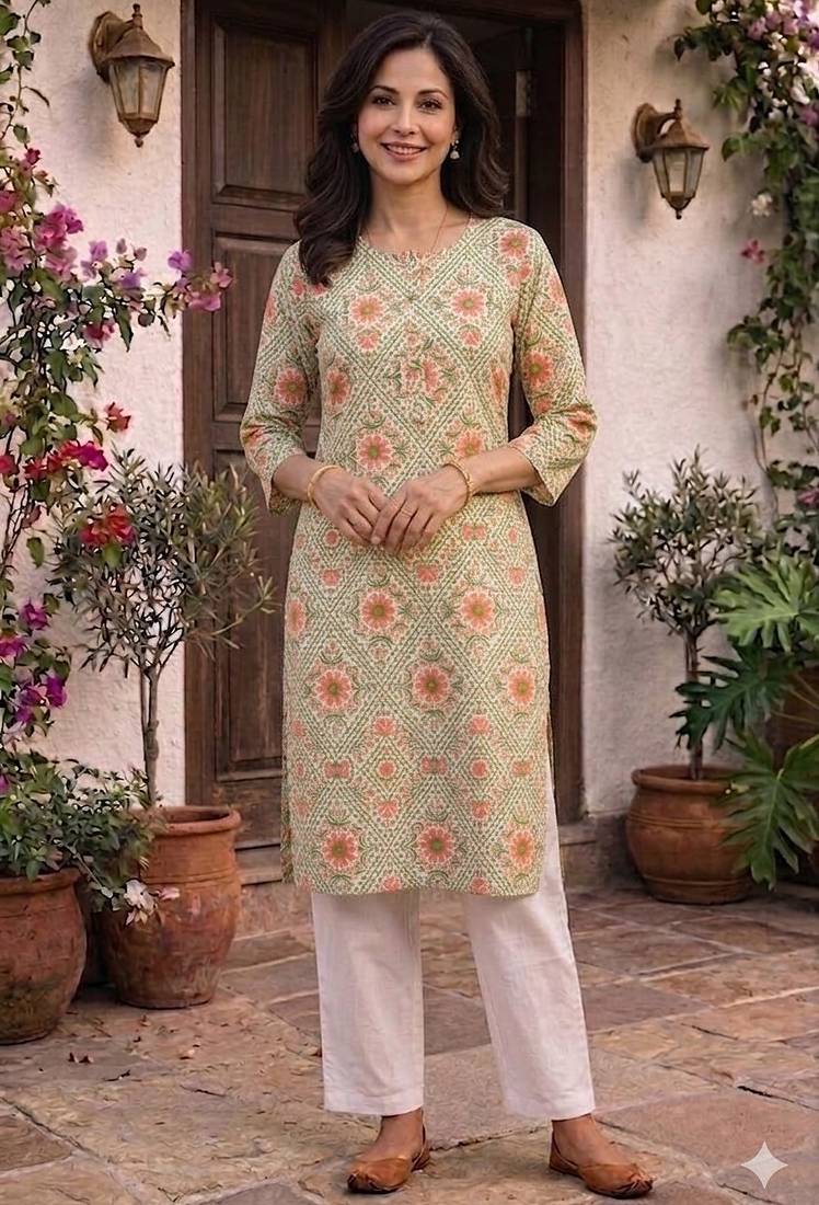 Cream printed cotton kurti