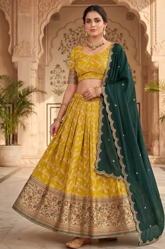 Traditional Mustard Lehenga Choli Set with Festive Dark Green Embroidered Dupatta