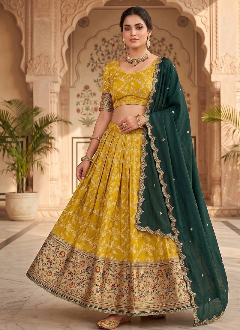 Traditional Mustard Lehenga Choli Set with Festive Dark Green Embroidered Dupatta
