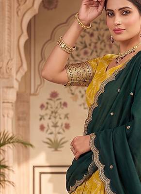 Mustard Lehenga Choli Set with Festive Dark Green Embroidered Dupatta 4