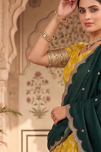 Traditional Mustard Lehenga Choli Set with Festive Dark Green Embroidered Dupatta