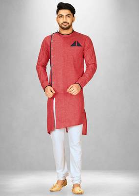 Red slub cotton  kurta with asymmetrical side open patttern 1