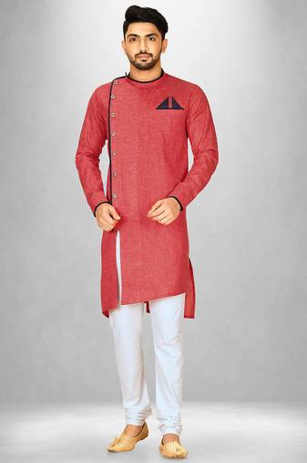 Red slub cotton  kurta with asymmetrical side open patttern