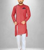 Red slub cotton  kurta with asymmetrical side open patttern