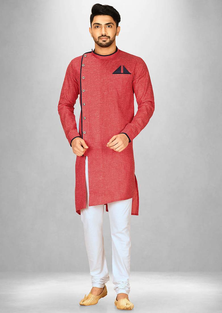 Red slub cotton  kurta with asymmetrical side open patttern