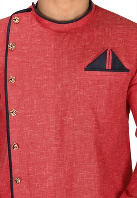 Red slub cotton  kurta with asymmetrical side open patttern 2