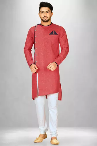 Red slub cotton  kurta with asymmetrical side open patttern