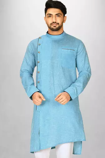 Sky blue slub cotton  kurta with asymmetrical side open patttern