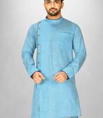 Sky blue slub cotton  kurta with asymmetrical side open patttern
