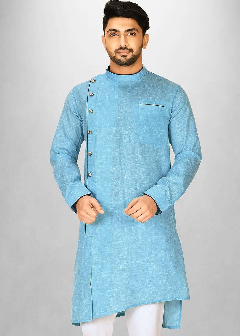 Sky blue slub cotton  kurta with asymmetrical side open patttern