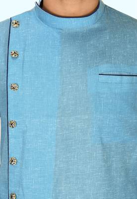 Sky blue slub cotton  kurta with asymmetrical side open patttern 2