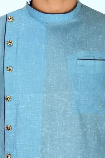 Sky blue slub cotton  kurta with asymmetrical side open patttern
