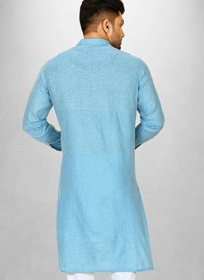 Sky blue slub cotton  kurta with asymmetrical side open patttern 3