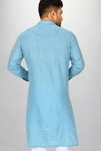Sky blue slub cotton  kurta with asymmetrical side open patttern