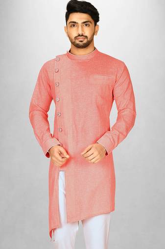 Peach slub cotton  kurta with asymmetrical side open patttern