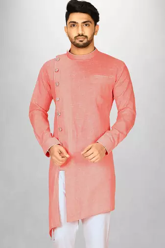 Peach slub cotton  kurta with asymmetrical side open patttern