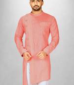 Peach slub cotton  kurta with asymmetrical side open patttern