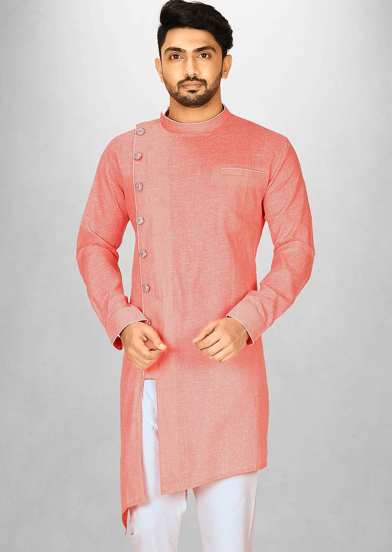 Peach slub cotton  kurta with asymmetrical side open patttern